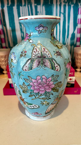 Vintage Vase, Aqua floral and butterfly design, Macau
