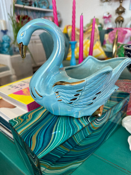 Vintage Swan Planter, Turquoise and Gold Luster