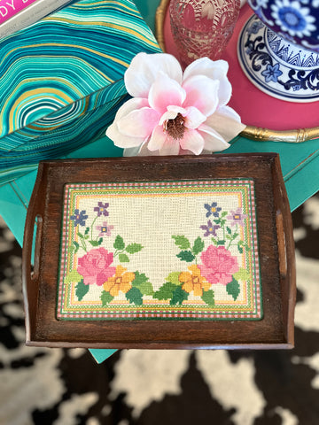 Vintage Needlepoint Tray, Wooden, Handled, Floral