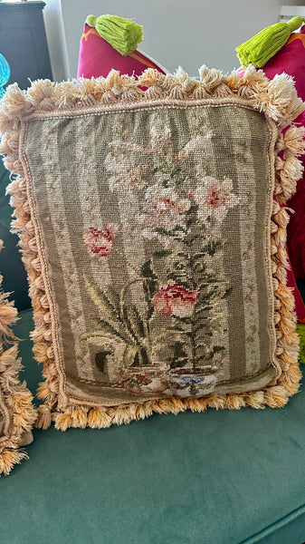 Vintage Needlepoint Pillows, Single or Pair, Tassel fringe, Florals in Chinoiserie Pots