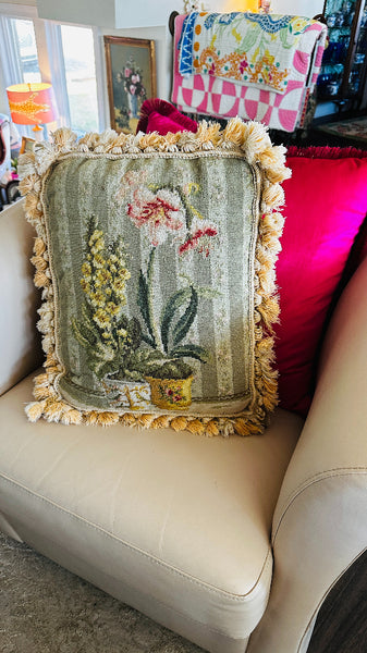 Vintage Needlepoint Pillows, Single or Pair, Tassel fringe, Florals in Chinoiserie Pots