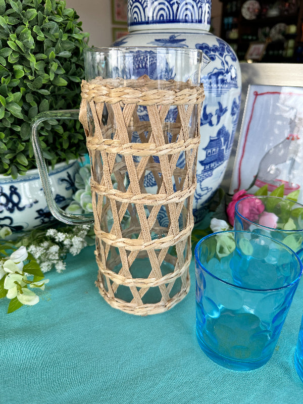 Cane Raffia Glass Pitcher with Lattice Cane Raffia – The House of Hanbury