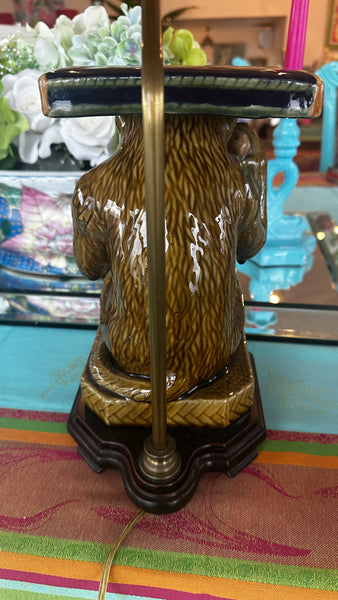 Vintage Majolica Style Table Lamp, Ceramic, Hand Painted Glazed Monkey