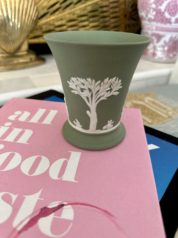 Vintage Wedgwood Jasperware Trumpet Vase, Green and White, Posy Pot