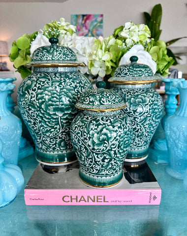 Vintage Ginger Jars Green and White Floral Gold Trim, 3 Sizes Available - SOLD SEPARATELY