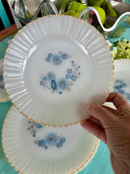 Vintage Milk Glass Blue flower Dishes Gold Rim, Termocrisa, Mexico Set of 12