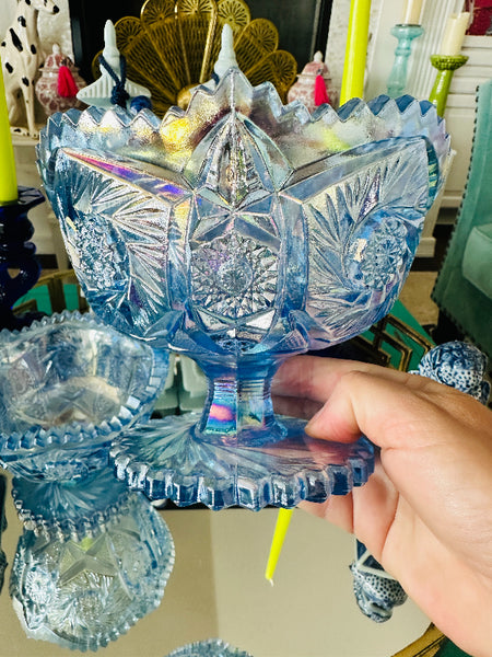 Vintage Candy Dish, Pedestal, Blue Carnival Glass, L.E. Smith - 2 Available, Sold Separately