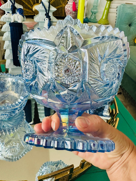 Vintage Candy Dish, Pedestal, Blue Carnival Glass, L.E. Smith - 2 Available, Sold Separately