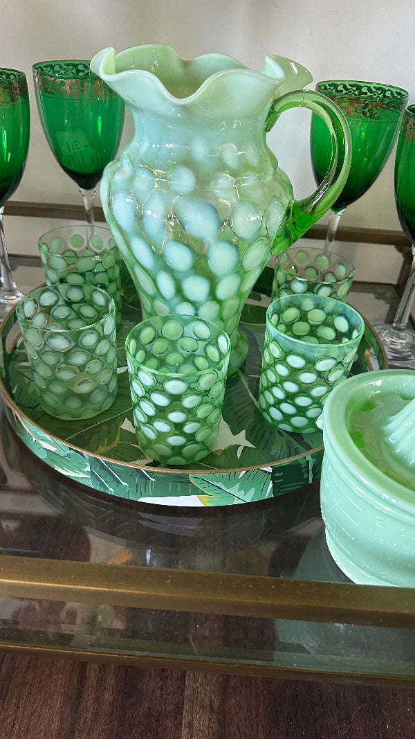 Vintage Pitcher and Glasses Set Fenton Green Coin Dot Glass Set