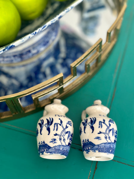 Vintage Salt & Pepper Shakers, Labeled,  Blue Willow, Chinoiserie