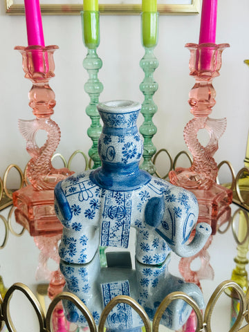 Vintage Candle Holder, Elephant, Blue and White, Chinoiserie