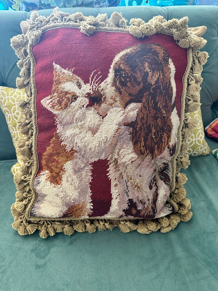 Vintage Needlepoint Pillow, Cat and Dog Kisses, Tassel Fringe