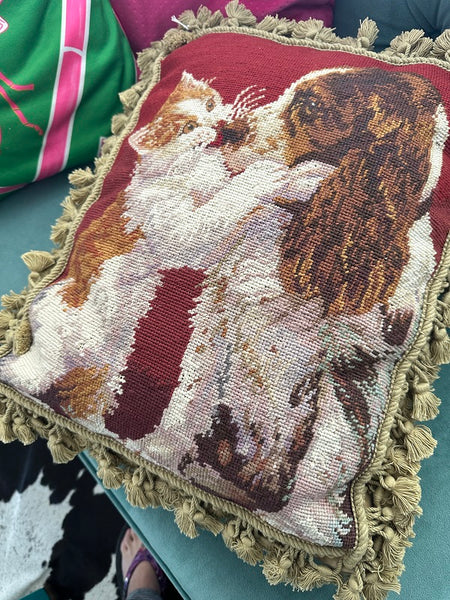 Vintage Needlepoint Pillow, Cat and Dog Kisses, Tassel Fringe