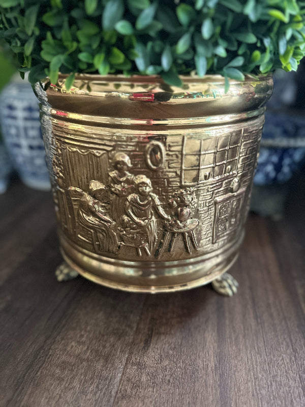 Brass Footed Planter, Peerage English, Embossed Metal, Made in