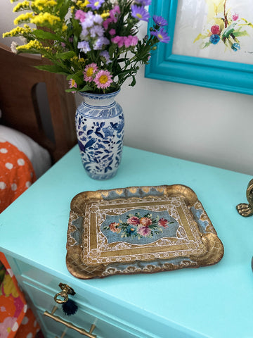 Vintage Florentine Tray, Italian, Hand Painted, Floral, French Blue and Gold