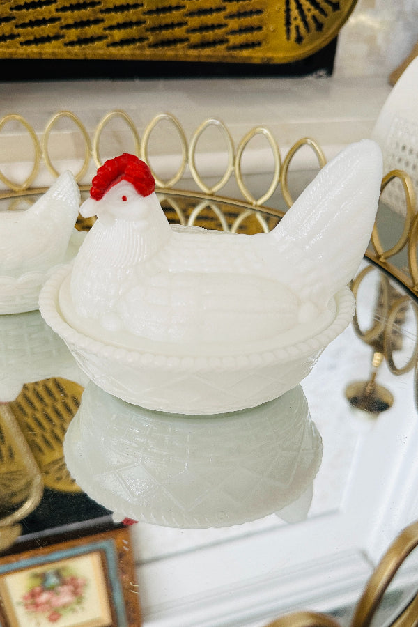 Vintage Hen On Nest Dish, Opaline Westmoreland Milk Glass, 2 Available