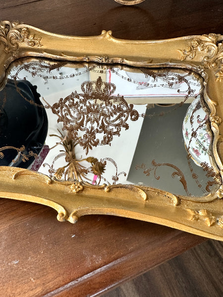 Vintage Tray, Mirrored, Gilt, Wood, Gold Hand Painted Crown and Crest