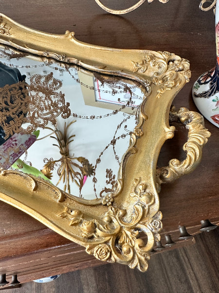 Vintage Tray, Mirrored, Gilt, Wood, Gold Hand Painted Crown and Crest