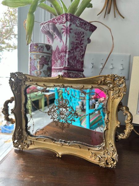 Vintage Tray, Mirrored, Gilt, Wood, Gold Hand Painted Crown and Crest