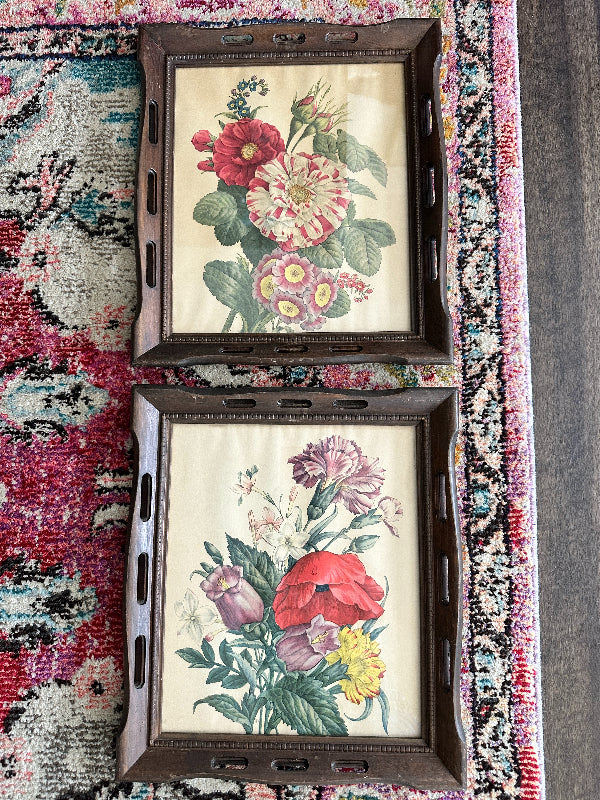 Vintage Botanical Prints, Floral, Wood Frames, Pair