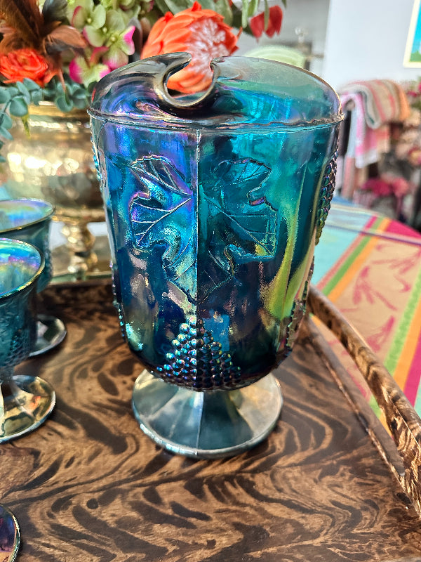 vintage evenflo glass pitcher Vintage Pitcher Carnival Blue Glass, Grapevine Pattern – The House of Hanbury