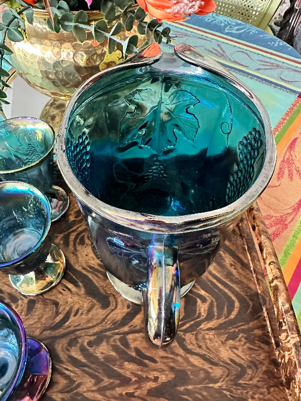 Vintage Pitcher Carnival Blue Glass, Grapevine Pattern – The House