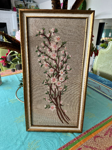 Vintage Needlepoint Art, Cherry Blossom Branches, Gold and Linen Frame