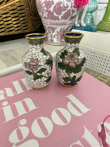 Vintage Mini Vases, Cloisonne, Pink and Green Floral with White and Gold Detail, Pair
