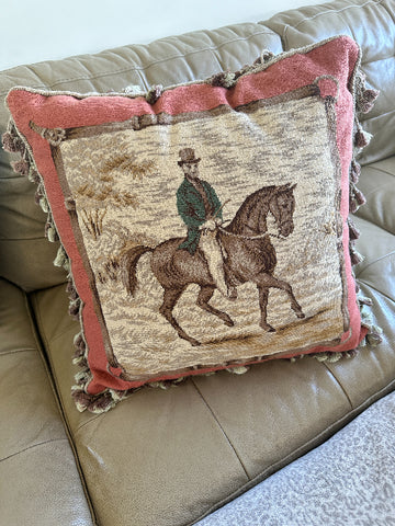 Needlepoint Pillow, Man on Horse, Tassel Fringe, Zip Enclosure