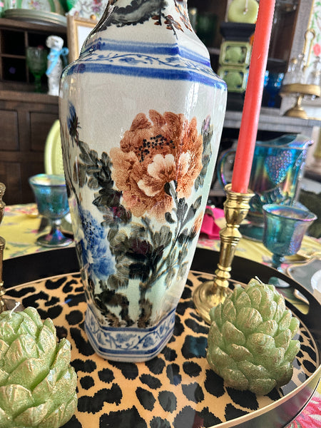 Vintage Vase, Oriental Blue and White Floral with Rust and Green, Signed
