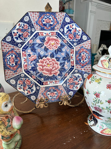 Vintage Platter, Toyo Japan, Blue and White with Pink Floral, Hexagon Shape
