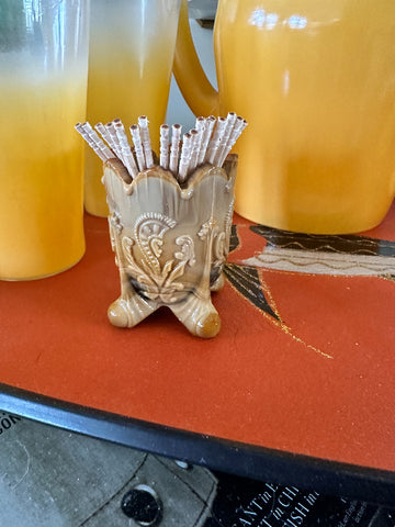 Vintage Toothpick Holder, Slag Glass, Caramel Brown & Black, Inverted Fan and FEather Pattern