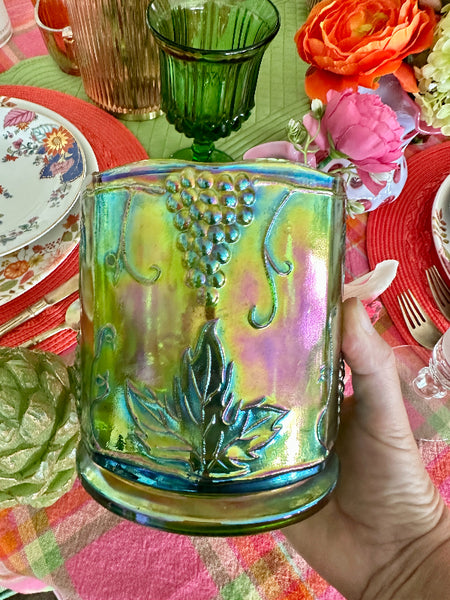 Vintage Canister Jar Green Indiana Carnival Glass Iridescent