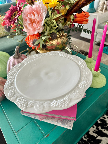 Vintage Cake Plate Milk Glass, White, Grapevine Pattern