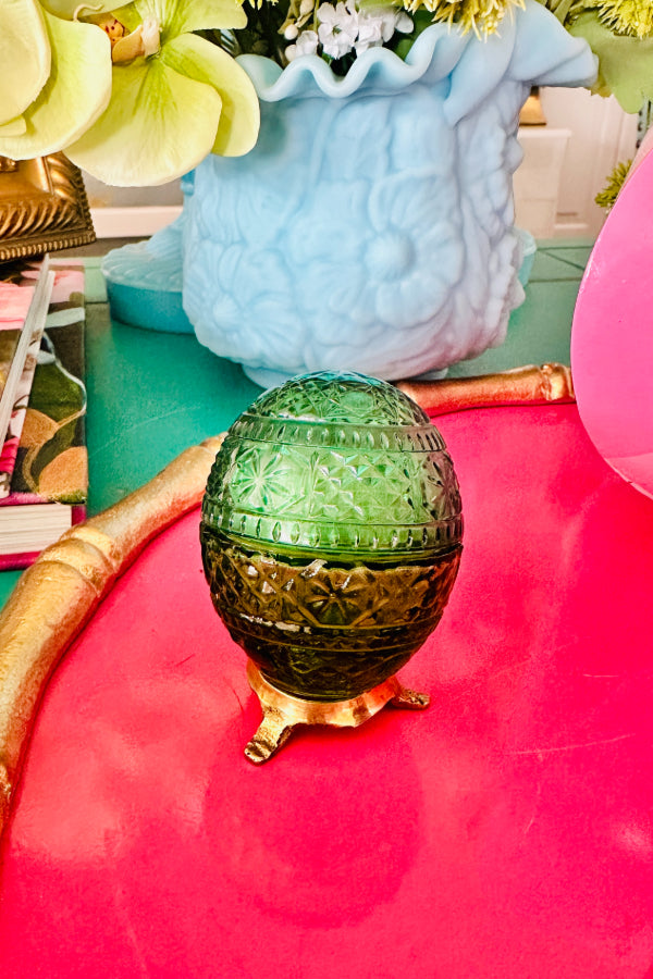 Vintage Egg Figurines, Green Avon On Stand, Blue and Gold On Egg, Easter, Spring Decor