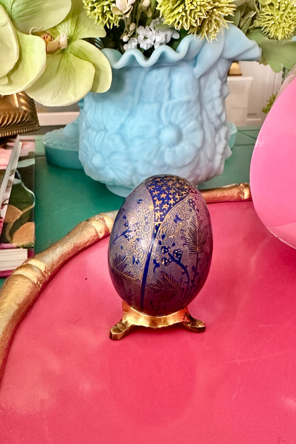 Vintage Egg Figurines, Green Avon On Stand, Blue and Gold On Egg, Easter, Spring Decor