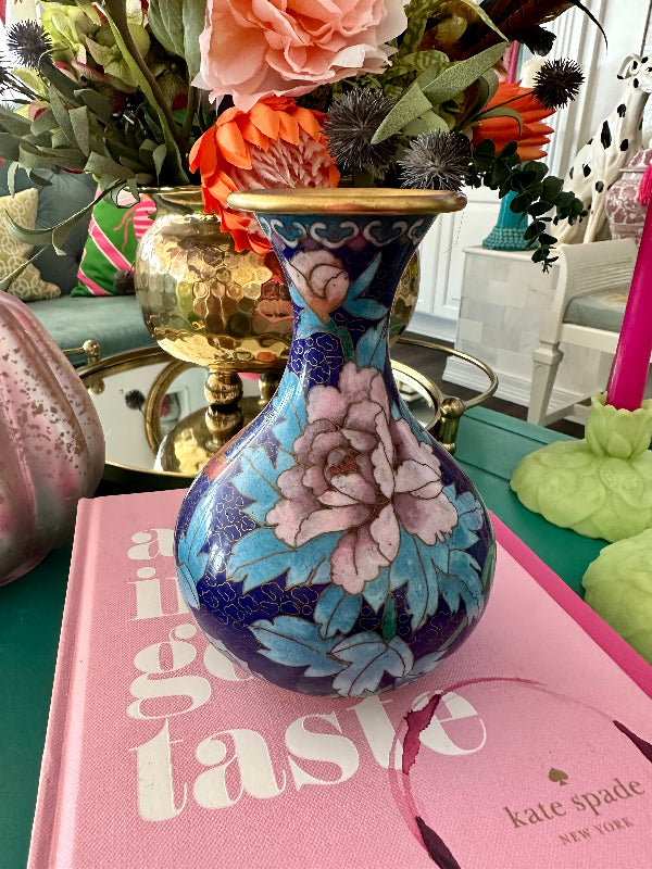 Vintage Cloisonne' Vase, Cobalt Blue with Gold, Large Floral Detail, 2 Available