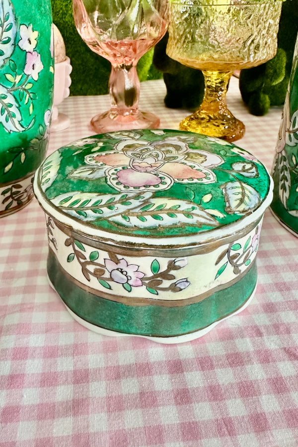 Vintage Chinese Porcelain Vases, Jars, Trinket dish, Famille Verte, Vibrant Green Glaze, Hand Painted lotus Flowers, 5 pieces Available, Sold Separately