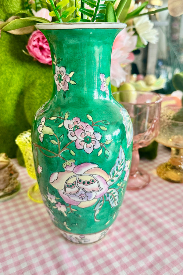 Vintage Chinese Porcelain Vases, Jars, Trinket dish, Famille Verte, Vibrant Green Glaze, Hand Painted lotus Flowers, 5 pieces Available, Sold Separately