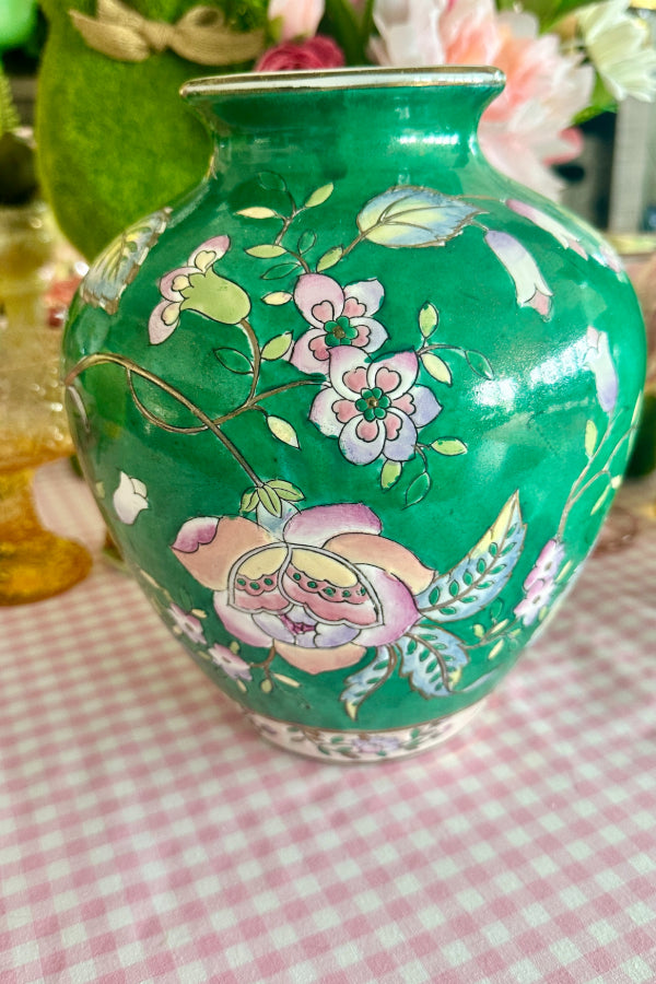 Vintage Chinese Porcelain Vases, Jars, Trinket dish, Famille Verte, Vibrant Green Glaze, Hand Painted lotus Flowers, 5 pieces Available, Sold Separately