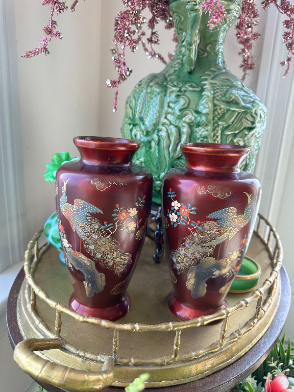 Vintage Cloisonne' Vase, Maroon, Peacock and Floral Hand painted, Mother of Pearl Inlay, Copper Insert 2 Available, EACH SOLD SEPARATELY