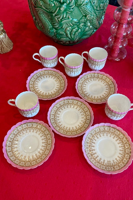 Antique Demitasse Cup and Saucer Set, Royal Worcester, 1800s, Bone China Porcelain,Pink and White Set of 5 or sold individually