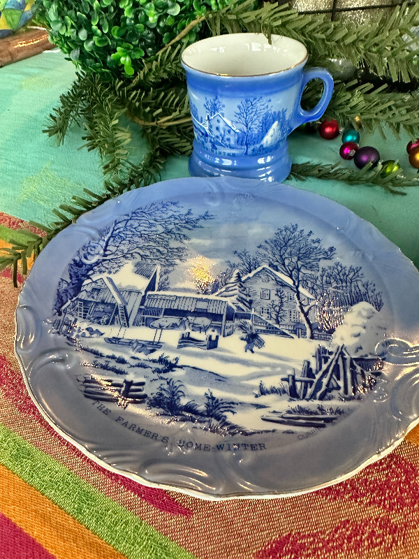 Vintage China, Currier & Ives Decorative Plate and Mug set, Blue and White Chinoiserie  - 3 sets available