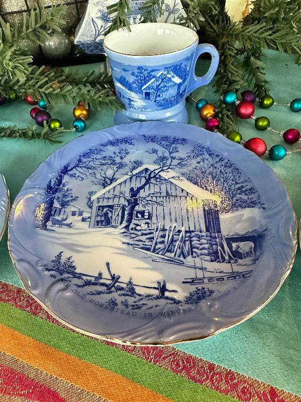 Vintage China, Currier & Ives Decorative Plate and Mug set, Blue and White Chinoiserie  - 3 sets available