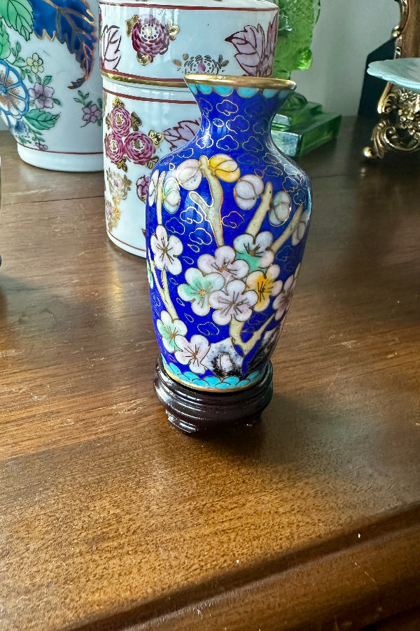 Vintage Mini Cloisonne' Vase with Stand, Blue Floral, Brass Trim or Tan with Pink and Green Flowers, Brass Trim