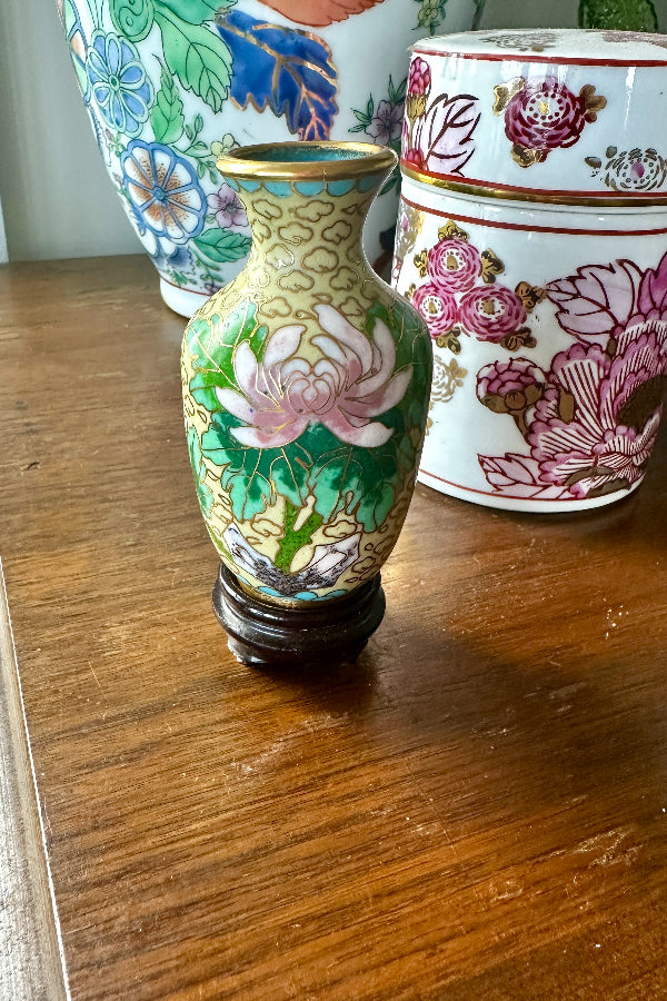 Vintage Mini Cloisonne' Vase with Stand, Blue Floral, Brass Trim or Tan with Pink and Green Flowers, Brass Trim