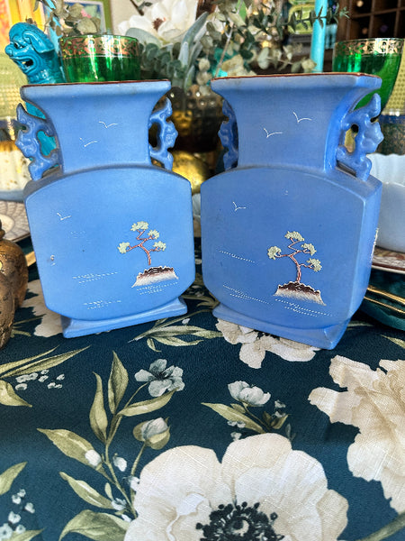 Vintage Vases, Periwinkle Blue Moriage Handled Vases, Peach Lustre Interior EACH SOLD SEPARATELY