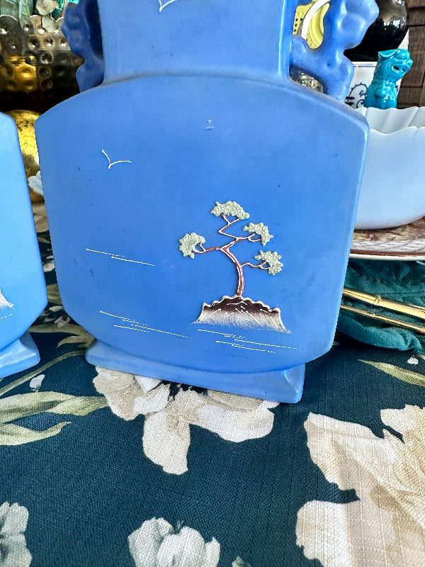 Vintage Vases, Periwinkle Blue Moriage Handled Vases, Peach Lustre Interior EACH SOLD SEPARATELY
