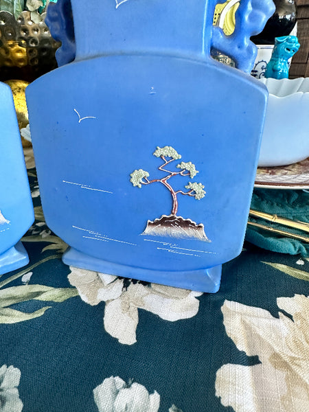 Vintage Vases, Periwinkle Blue Moriage Handled Vases, Peach Lustre Interior EACH SOLD SEPARATELY