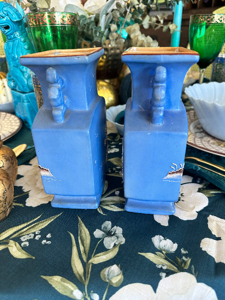 Vintage Vases, Periwinkle Blue Moriage Handled Vases, Peach Lustre Interior EACH SOLD SEPARATELY